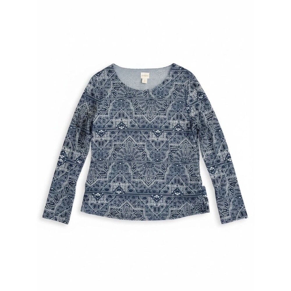 Chico’s Blue Geometric Kaleidoscope Print Mesh Lined Top Size 1 Long Sleeve - Picture 3 of 12